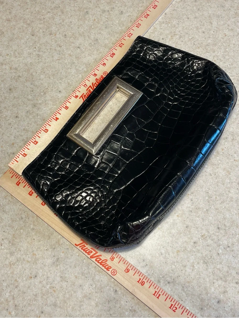 BRIGHTON Vintage Large Leather Clutch Purse Croc Embossed Metal Frame Handle